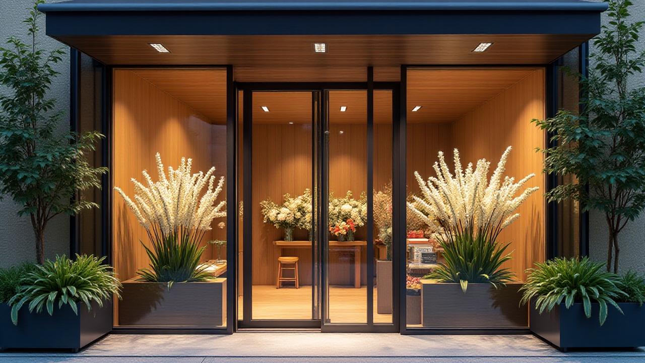 中目黒のアトリエの温かい外観。ガラス越しに活けられた美しい花が見える。