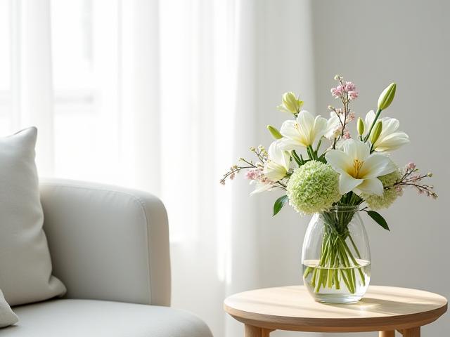 清潔感のあるクリニックの待合室にある控えめな生花アレンジメント