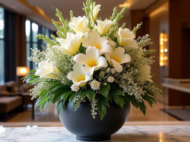 高級ホテルのレセプションを飾る荘厳な生花アレンジメント