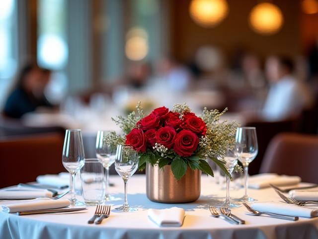 高級レストランのテーブルを飾る上品なフラワーアレンジメント