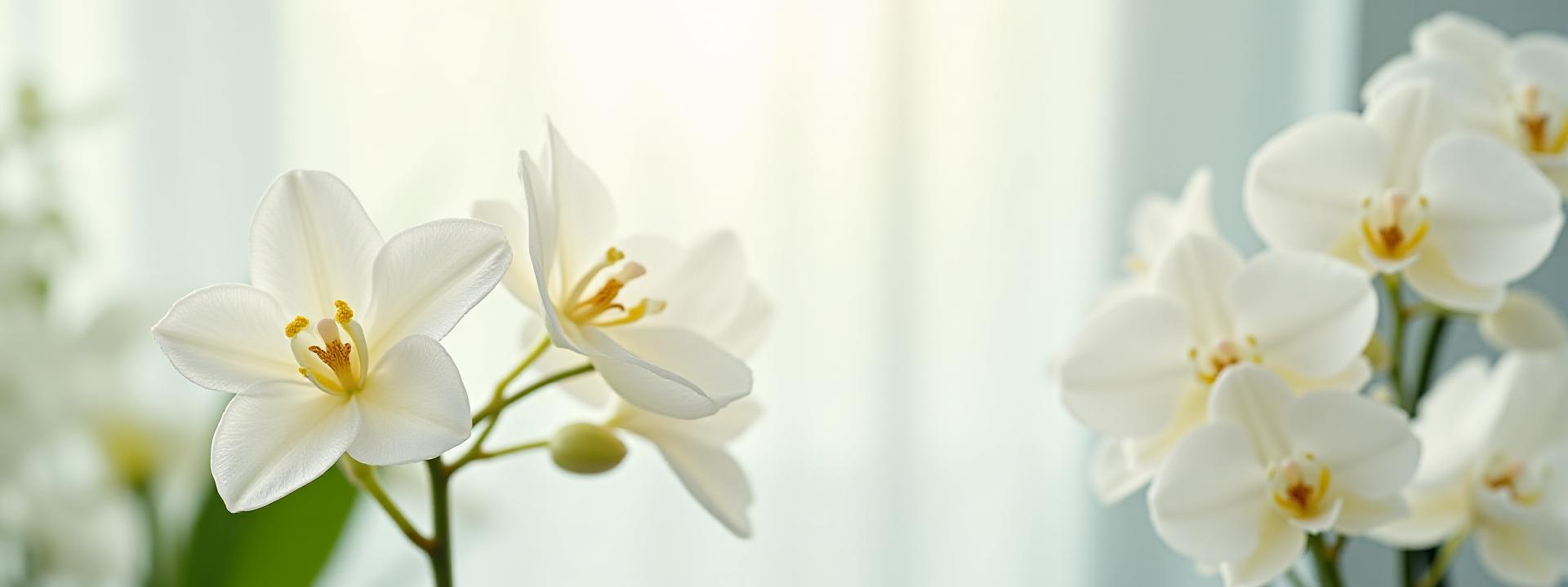 静謐な空間に置かれた白い百合と胡蝶蘭のクローズアップ