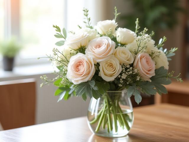 ご遺族宅に飾るための、柔らかな色合いの花のアレンジメント