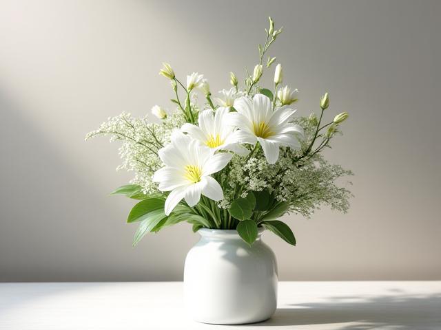 故人の枕元に飾る、小さめで上品な白い花のアレンジメント