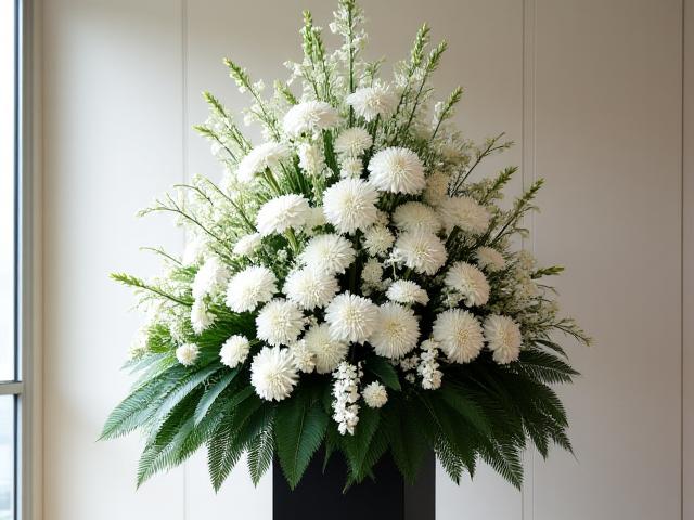 葬儀会場に届けられる、格式高い白い供花スタンド