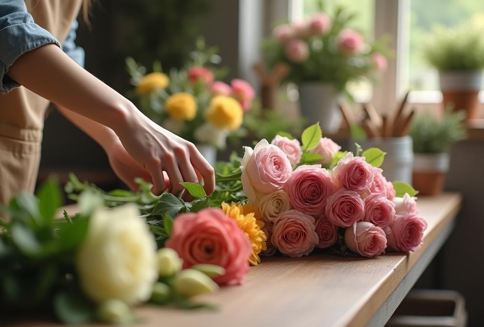 アトリエで集中して花をアレンジするフローリストのアーティスティックなモノクロ写真