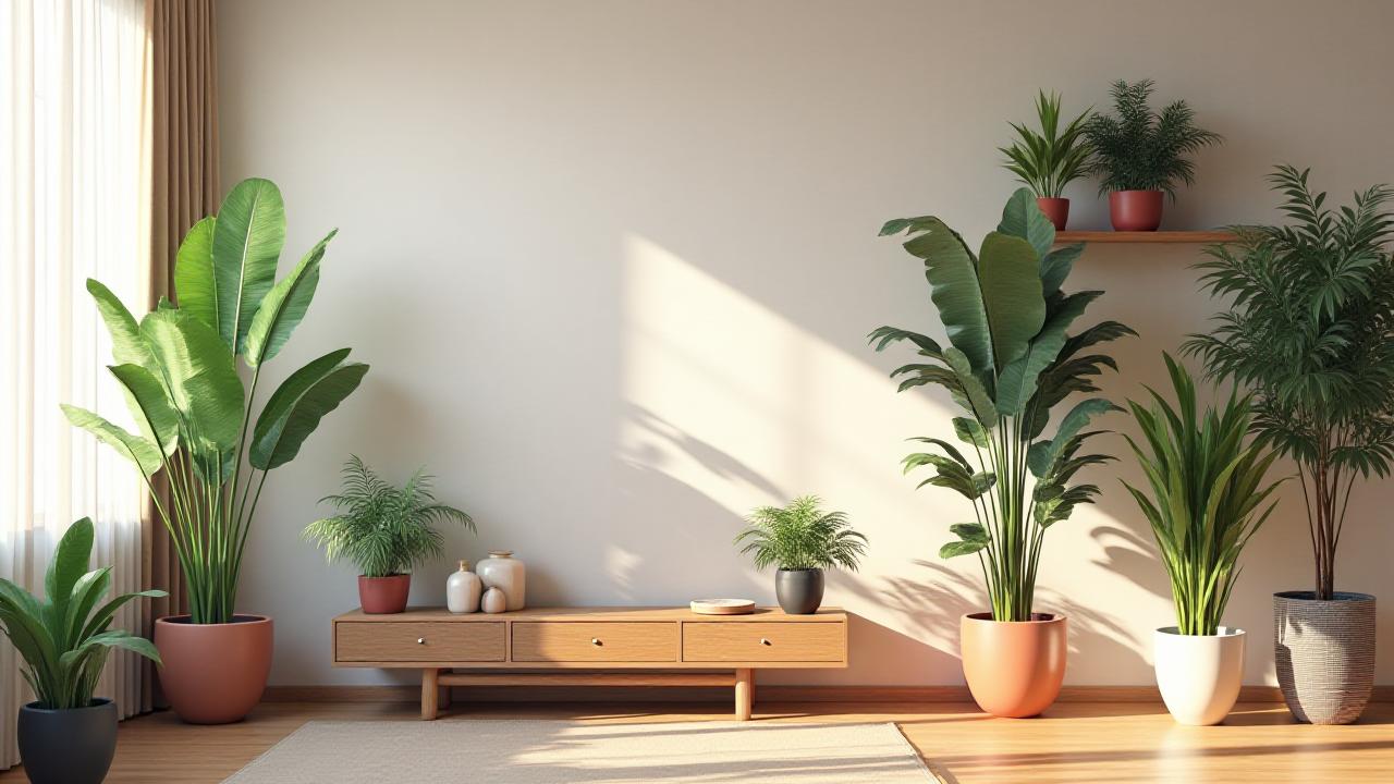 光が差し込むモダンなリビングルームに、様々な観葉植物がセンス良く配置され、穏やかな雰囲気を作り出している