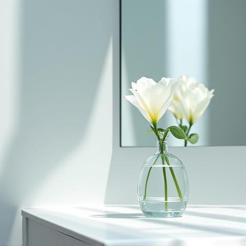 洗面台の鏡の前に置かれた、清潔感のある一輪挿し