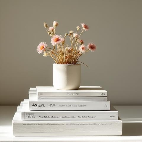 積み上げた本の横に優雅に置かれた、小さなミニアレンジメント