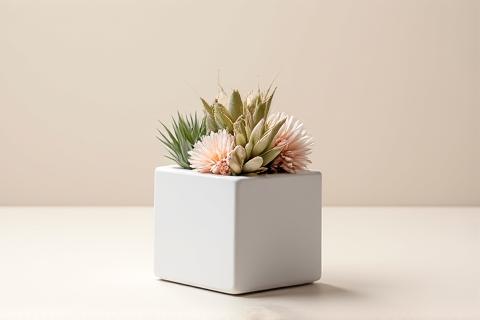 シンプルなキューブ型の陶器ベースに入った、10cm四方のミニアレンジメント