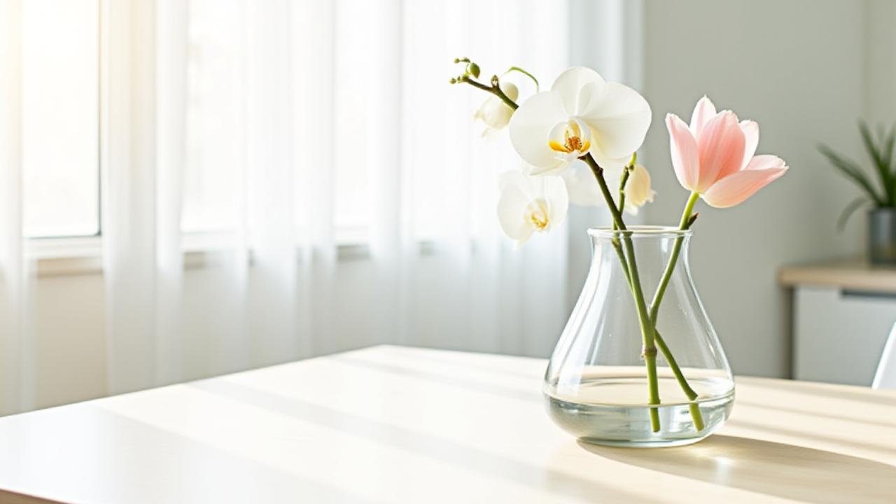 ミニマルでモダンなデザインの書斎デスクに置かれた、一輪挿しの繊細な花
