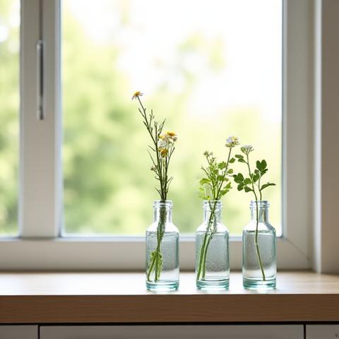 キッチンの窓辺に並べられた、異なる高さの小さな花瓶と花々