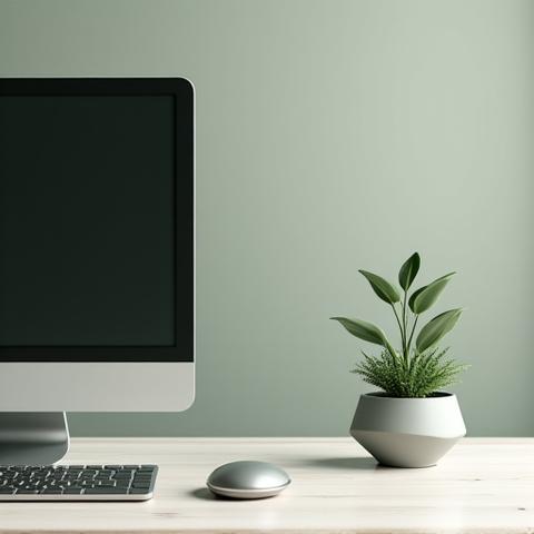 オフィスのPCモニターの横に置かれた、ミニマルな小さなグリーン植物