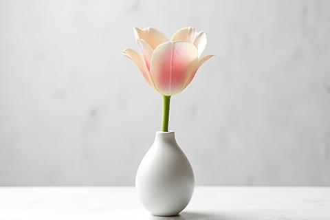 洗練されたガラスの一輪挿しに活けられた、ミニマリストなチューリップ一輪
