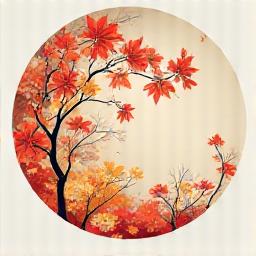 紅葉した美しいモミジと菊の花が描かれた、秋を象徴する円形のイラスト