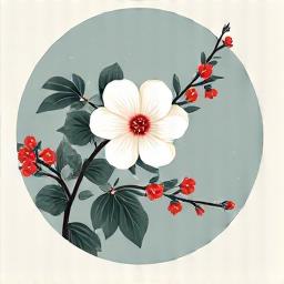 雪をかぶった南天と椿の花が描かれた、冬を象徴する円形のイラスト