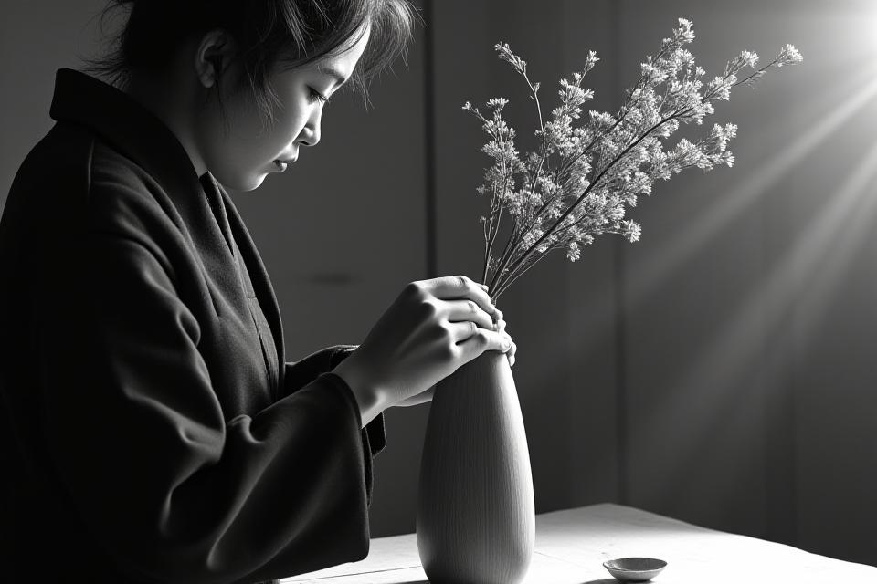 竹の花器に枝ものを真剣な表情で活けるフローリストのモノクロ写真。