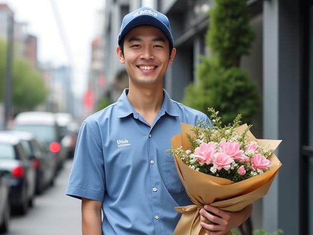 Blendrixomateraのユニフォームを着た配達員が花束を持って安心感のある笑顔で立っている