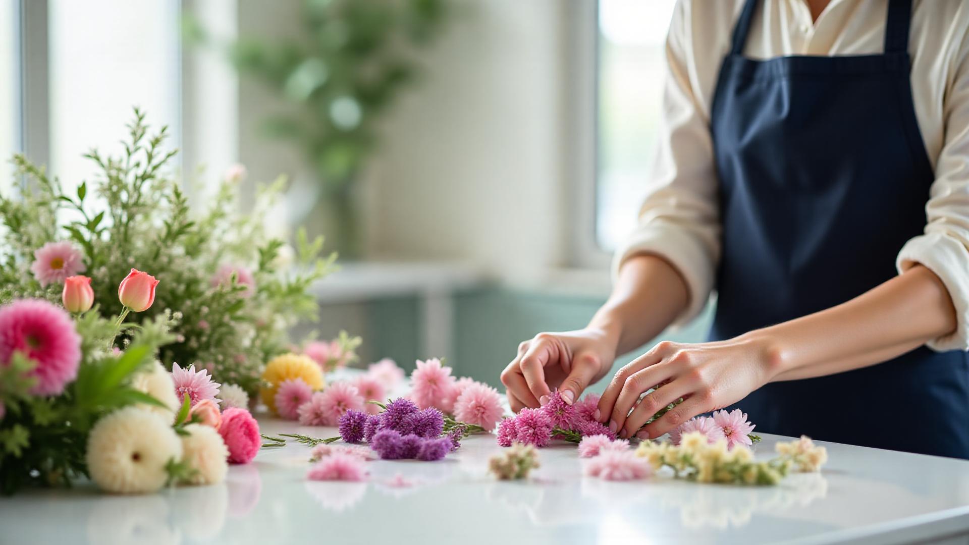 フローリストが丁寧に花を選ぶ様子