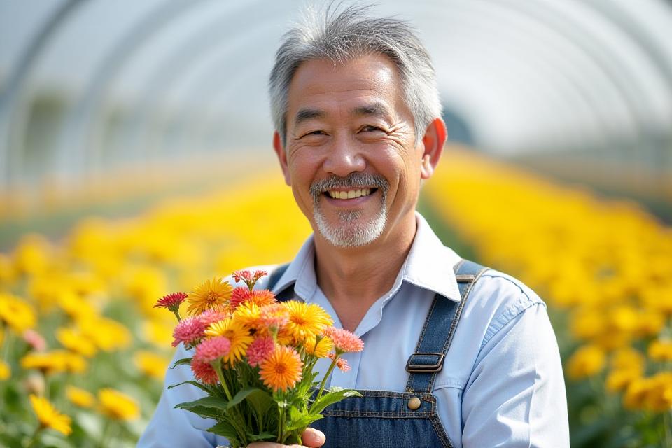 千葉県鈴木農園の鈴木様が笑顔で花束を持っている