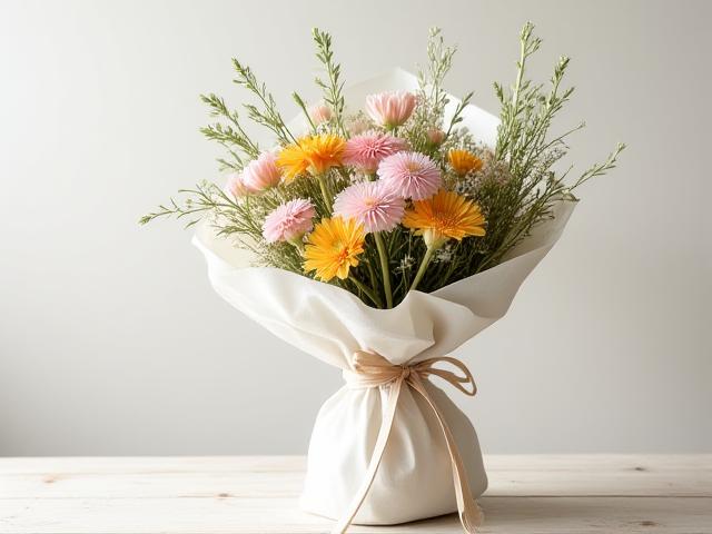 オーガニックコットンの布で美しく包まれたブーケ