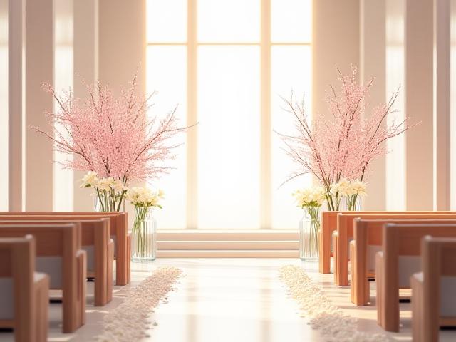 光が差し込むチャペルに設えられた、枝とキャンドルのミニマムな装飾