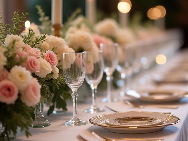 披露宴会場の洗練されたゲストテーブル装花