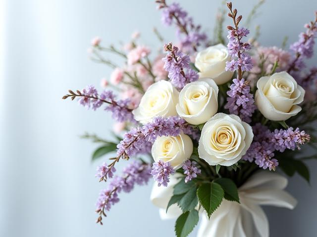 純白のバラと季節の小花をあしらったエレガントなウェディングブーケ